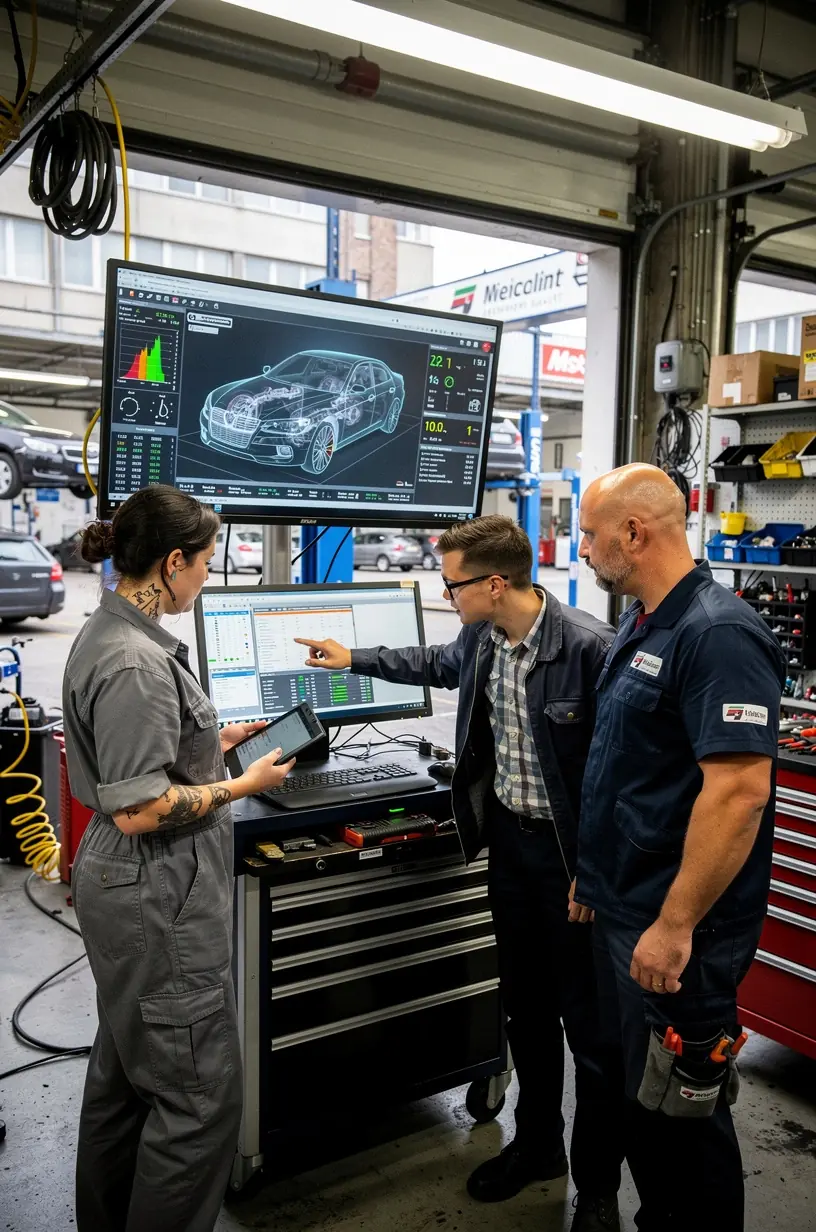Techniker prüft sorgfältig die Karosseriestruktur eines Unfallwagens mit modernem Diagnosegerät.