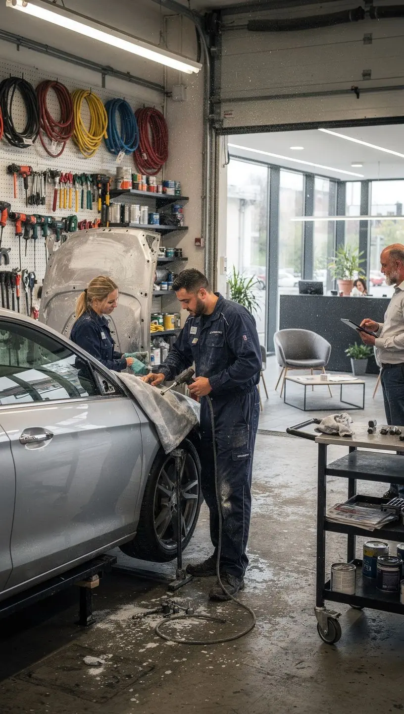 Kundengespräch in der Werkstatt über realistische Erwartungen und Ablauf der Unfallreparatur.