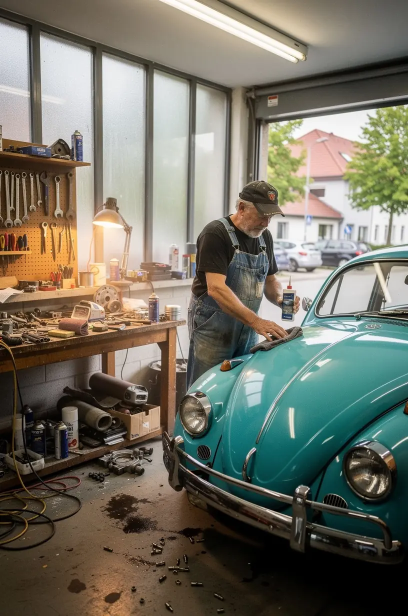 Restaurationsprozess eines klassischen deutschen Fahrzeugs in einer spezialisierten Werkstatt.